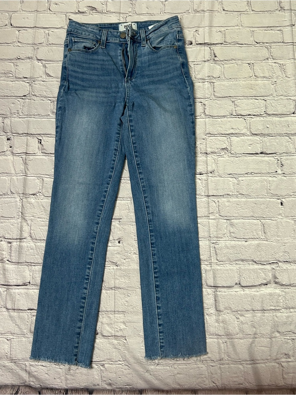 PAIGE Mid-Blue Straight Leg Jeans with Raw Hem